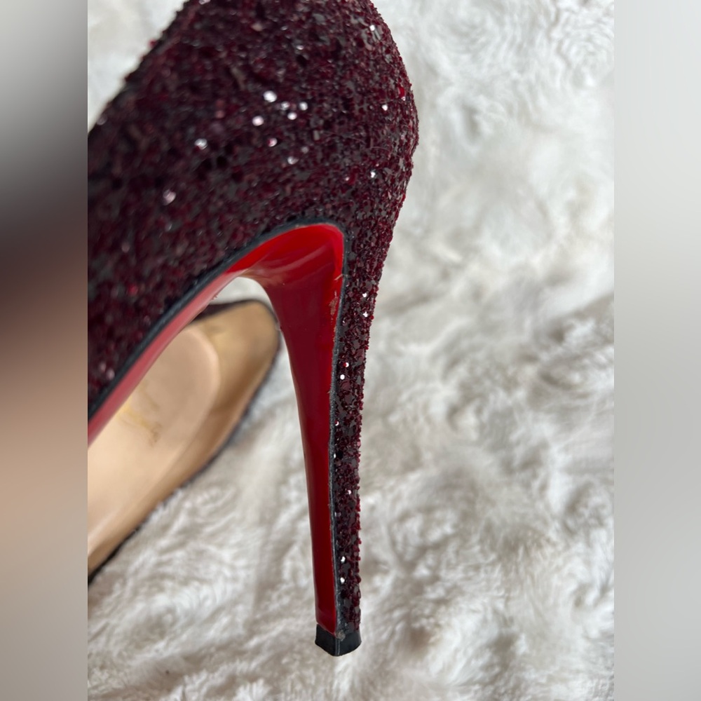 Christian Louboutin Very Prive 120 Burgundy Glitter Peep Toe Heels Size 38 US 8 - Picture 10 of 17